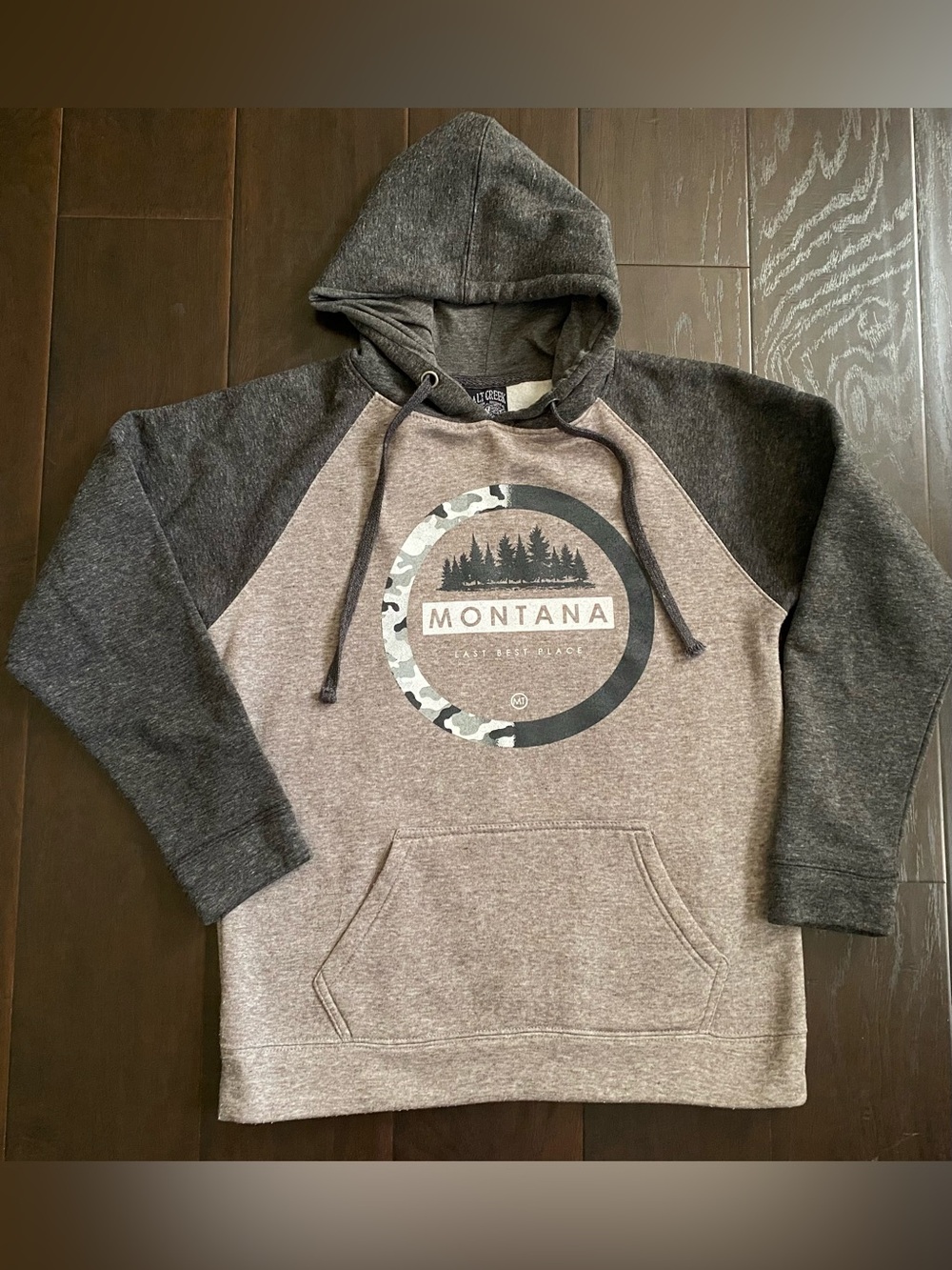 Salt Creek Montana Graphic Fleece Pullover Hoodie Gray Mens Pockets Size S